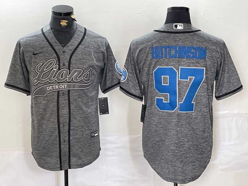 Mens Detroit Lions #97 Aidan Hutchinson Grey Gridiron With Patch Cool Base Stitched Baseball Jersey